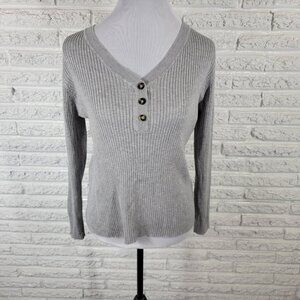 Lety Me Women Sweater Extra Large Quarter Button Gray Ribbed Knit Soft GRA2E